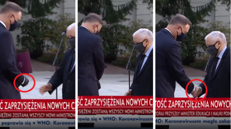 zaprzysiężenie duda kaczyński zdjął rękawiczkę ochronną epidemia koronawirusa obostrzenia